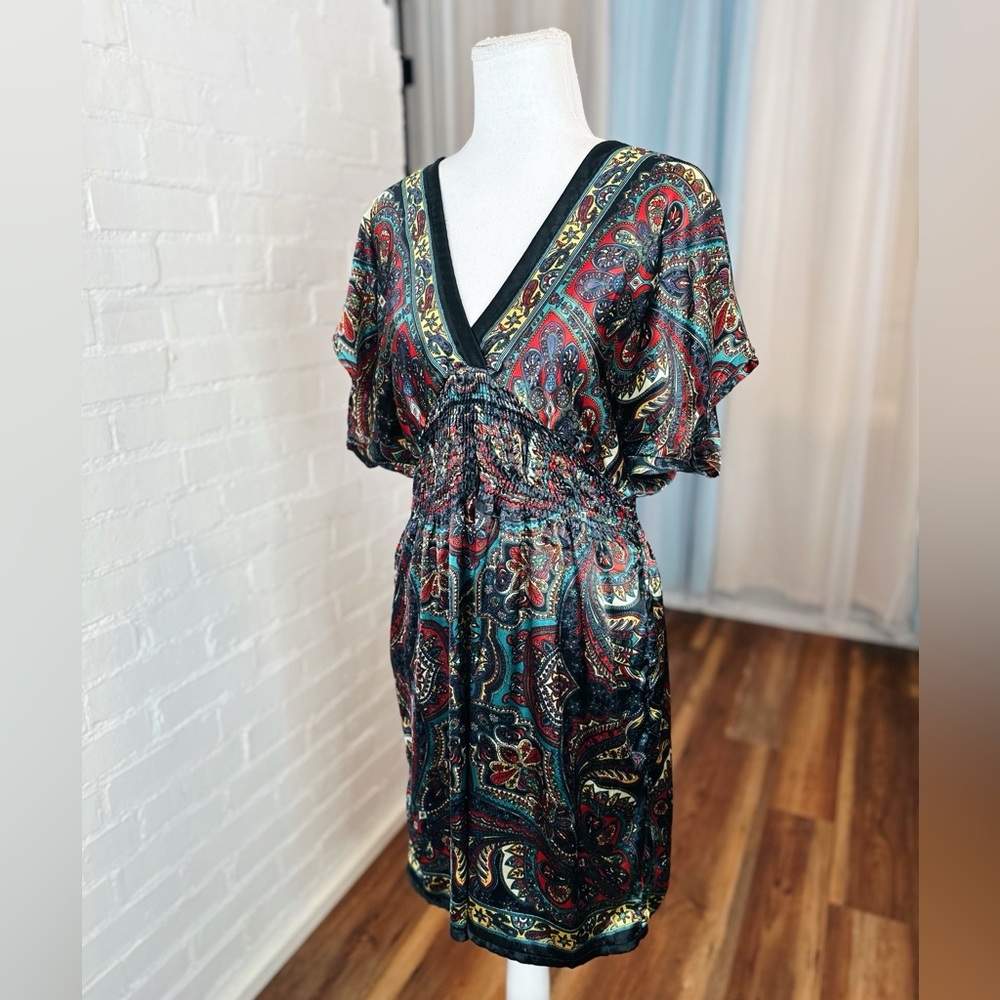 Angie Boho Black and Red Deep V-Neck Paisley Dress